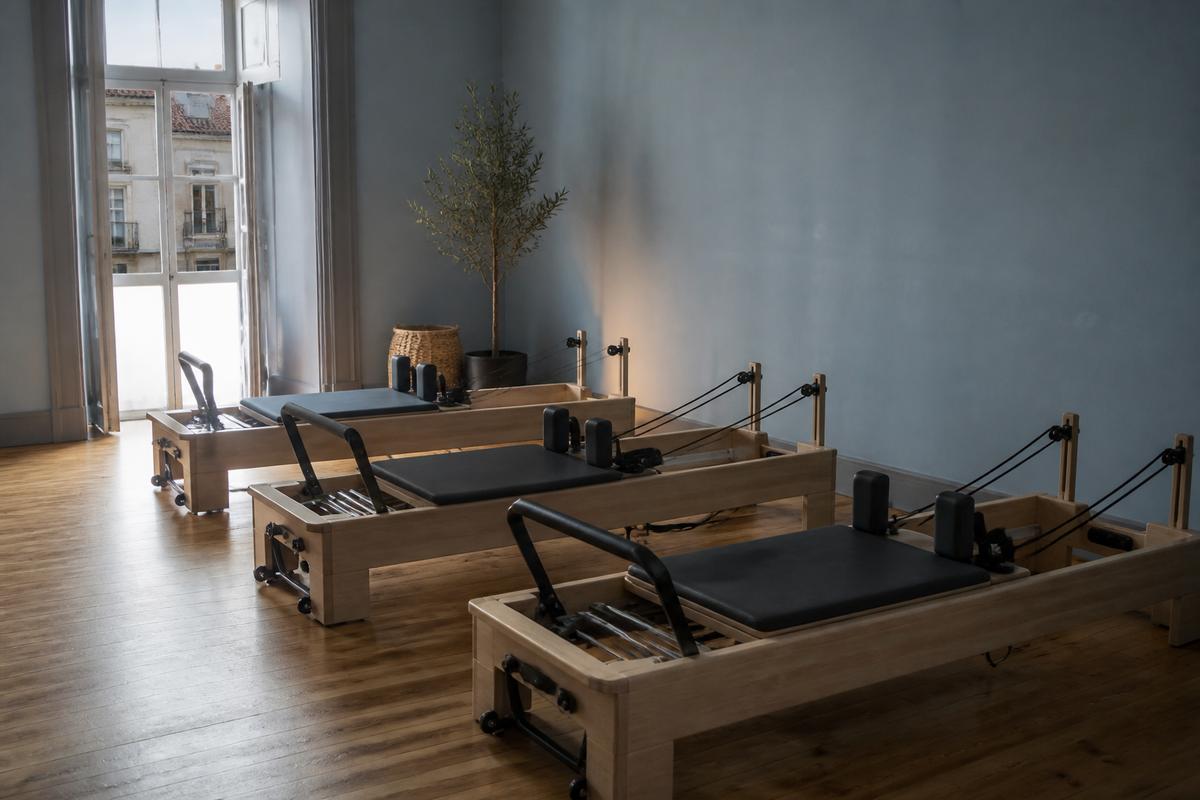 Row of pilates reformers in morning light