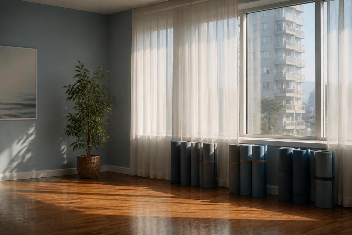 Stacked yoga mats by a bright studio window